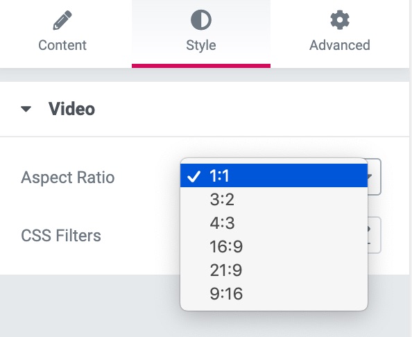 elementor video aspect ratio